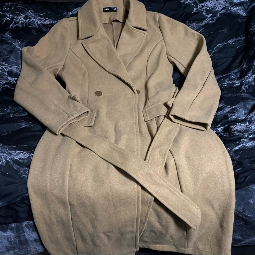 Khaki tan long pea coat with waist belt new without tag